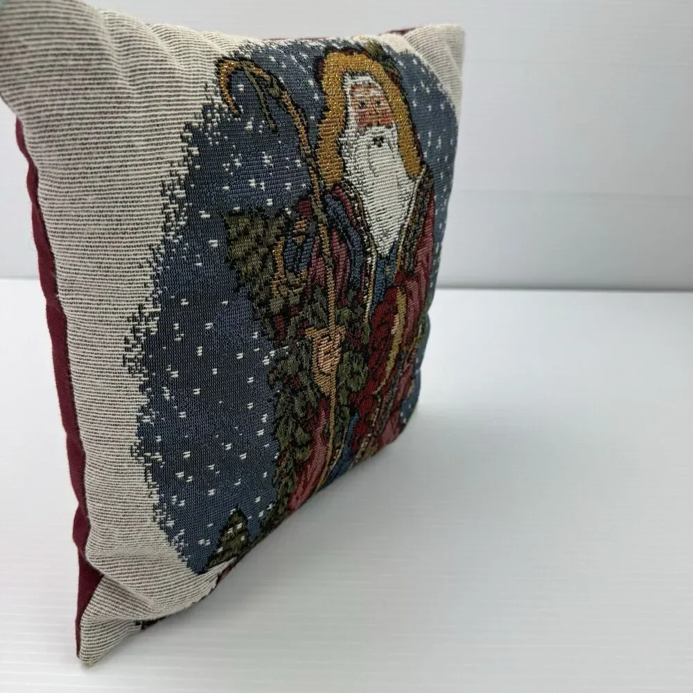 Vintage Santa Claus Tapestry Pillow 12” Father Christmas Rustic Winter Decor